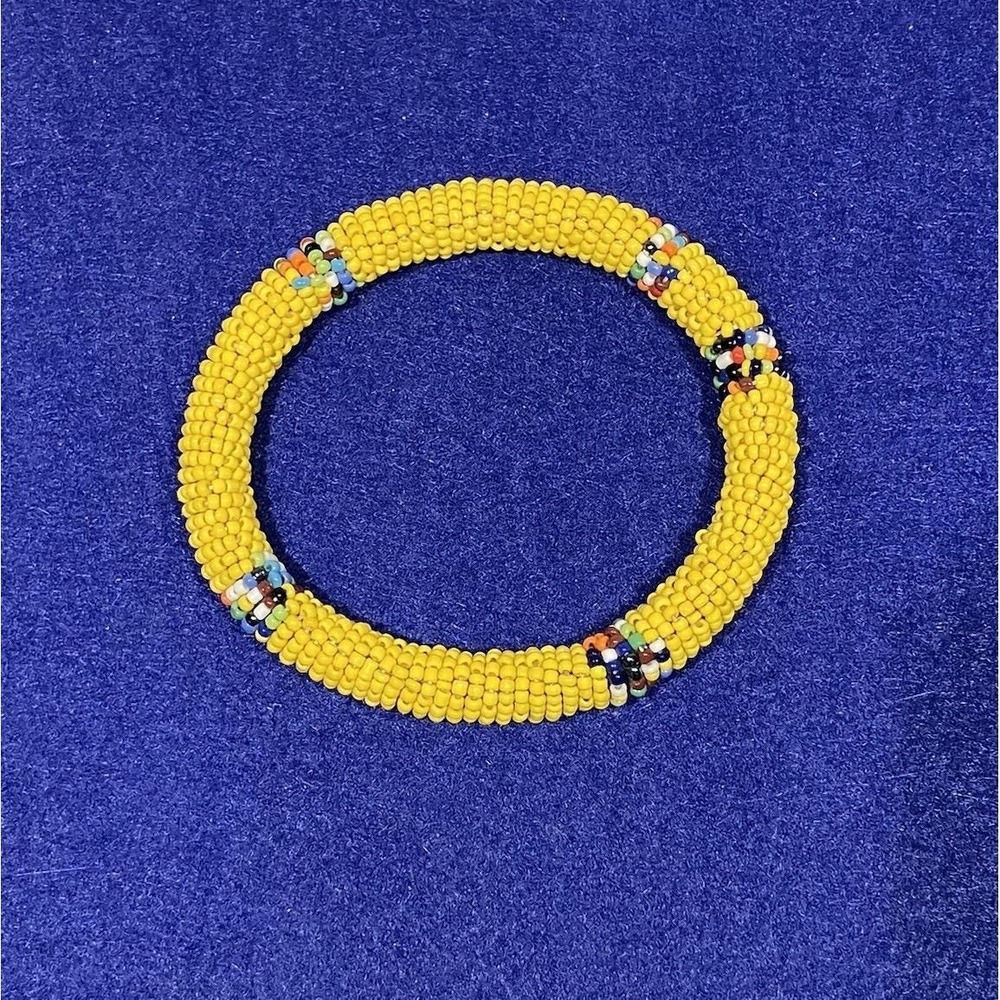 Vintage Beaded Bangle Bracelet Native Seed Beads Yellow Multi-Color Chunky